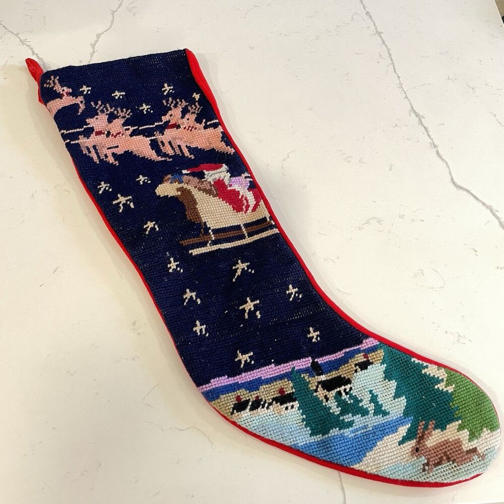 Needlepoint Navy Christmas Stocking with Red Trim
